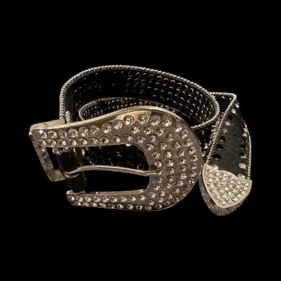 Rhinestone Covered Black Leather Belt – 40” – 1.5” Width – Genuine Leather - Picture 2 of 5